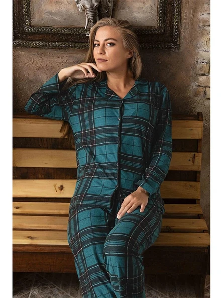 Sude Kadın  Önden Düğmeli Süet Pijama Takımı P200/390 - 1 Adet  Yeşil S ürün görseli 1