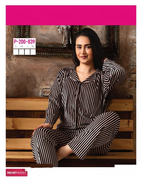 Sude Kadın Kışlık Gömlek Yaka Kadife Çizgili Pijama Takımı P200/839 - 1 Adet  XL Somon ürün görseli 1