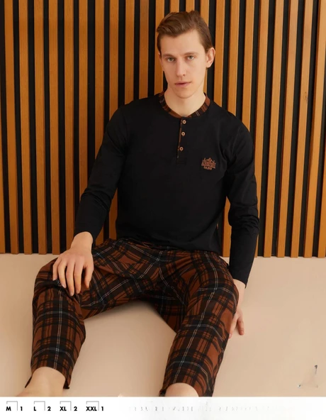 Pijamoni Erkek Süprem Slim Fit Uzun Kol İnce Pijama Takımı  6300 / 3 - 1 Adet  Siyah L ürün görseli 1