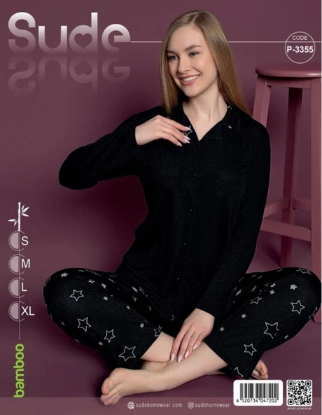Sude Kadın Bambu Siyah Uzun Kol İnce Pijama Takımı S-3355 - 1 Adet  Siyah S ürün görseli 1