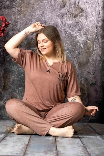 Sude Kadın Bambu Büyük Beden Düğme Yaka İnce Kısa Kol Pijama Takımı P300/146 - 1 Adet  4XL Kahverengi ürün görseli 1