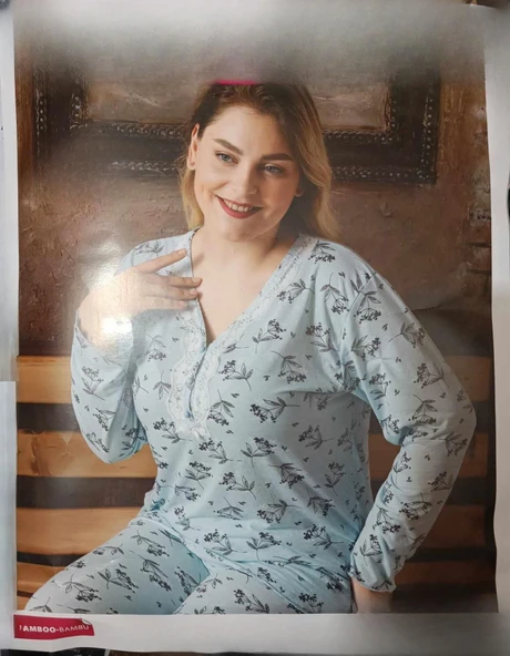 Sude Kadın Bambu Büyük Beden Uzun Kol V Yakası Nakışlı İnce Pijama Takımı P/4331- 1 Adet  2XL Mavi ürün görseli 1