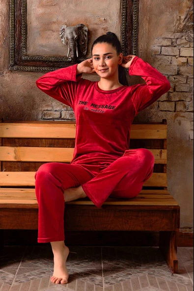 Sude Kadın Kışlık Bisiklet Yaka Kadife Pijama Takımı K803/97 - 1 Adet  XL Kırmızı ürün görseli 1