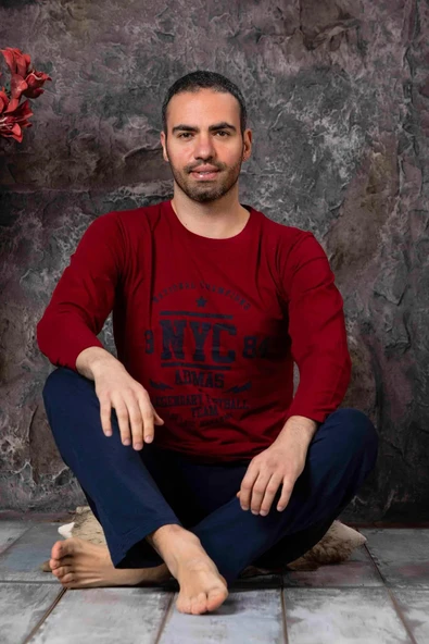 Sude Erkek Süprem Bisiklet Yaka İnce Uzun Kol Pijama Takımı P300/12 - 1 Adet  M Bordo ürün görseli 1