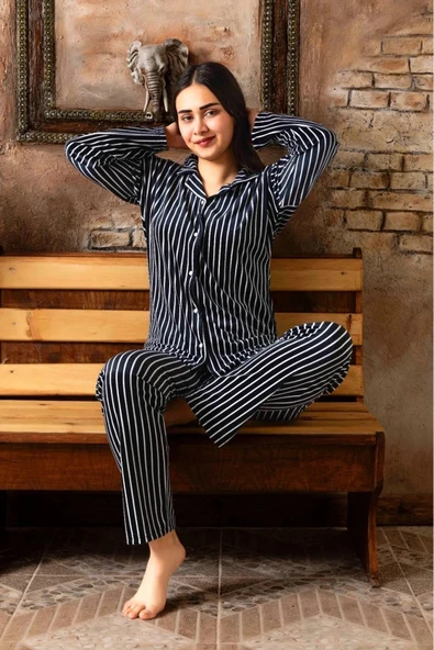 Sude Kadın Kışlık Gömlek Yaka Kadife Çizgili Pijama Takımı P200/841 - 1 Adet  Siyah L ürün görseli 1