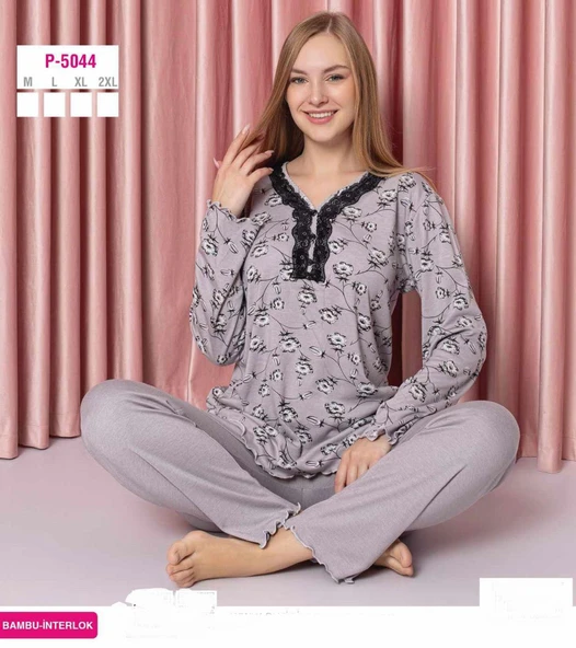 Sude Kadın Bambu İnterlok Uzun Kol Yakası Nakışlı V Yaka Pijama Takımı P5044 - 1 Adet  M Gri ürün görseli 1