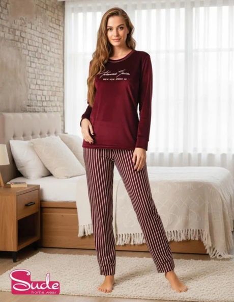 Sude Kadın Kışlık Kadife Pijama Takımı 538- 1 Adet  Bordo S ürün görseli 1