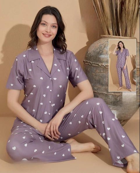 Boyraz Kadın Milan Boydan Düğmeli Kısa Kol İnce Pijama Takımı 11039 - 1 Adet  L Lila ürün görseli 1