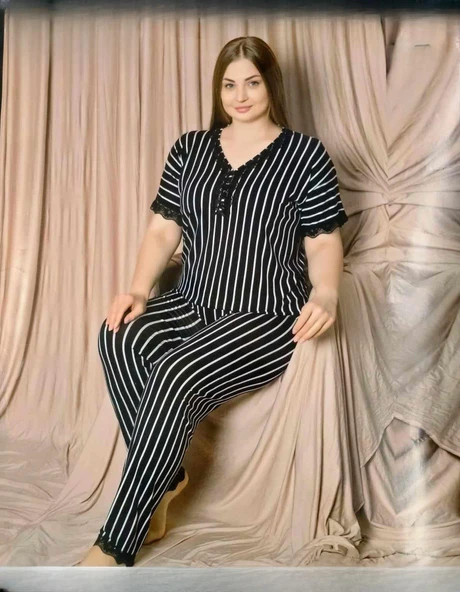 Pijamoni Kadın Viskon Büyük Beden Kısa Kol V Yaka İnce Pijama Takımı 7530/1 - 1 Adet  Siyah 3XL ürün görseli 1