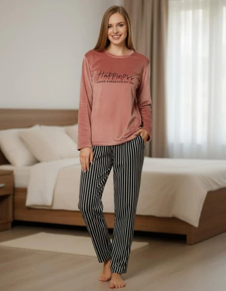 Sude Kadın Kışlık Kadife Pijama Takımı K200/807 - 1 Adet  Pudra S ürün görseli 1