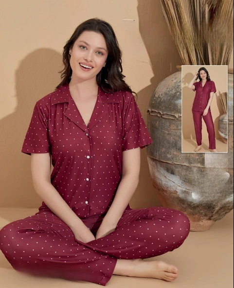 Boyraz Kadın Milan Boydan Düğmeli Kısa Kol İnce Pijama Takımı 11037 - 1 Adet  XL Bordo ürün görseli 1