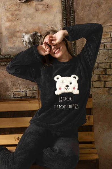 Charme Kadın Kışlık Peluş Pijama Takımı K-200-472 - 1 Adet  XL Siyah ürün görseli 1