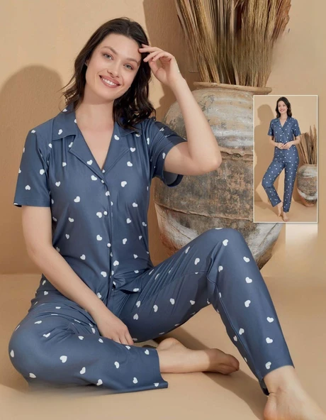Boyraz Kadın Milan Boydan Düğmeli Kısa Kol Füme İnce Pijama Takımı 11033 - 1 Adet  L Füme ürün görseli 1