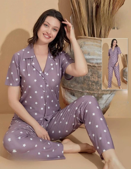 Boyraz Kadın Milan Boydan Düğmeli Kısa Kol İnce Pijama Takımı 11032 - 1 Adet  L Lila ürün görseli 1
