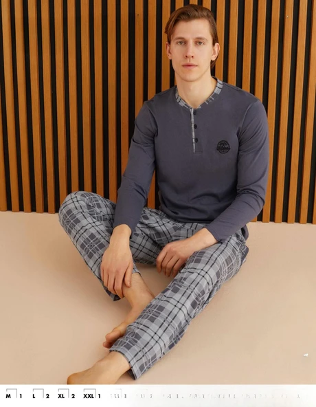 Pijamoni Erkek Süprem Slim Fit Uzun Kol İnce Pijama Takımı  6300 / 9 - 1 Adet  XL Füme ürün görseli 1