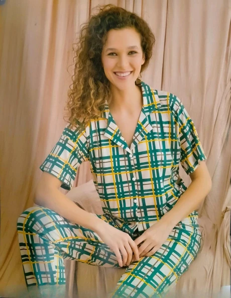 Pijamoni Kadın Viskon Boydan Düğmeli Kısa Kol İnce Pijama Takımı 7510/12 - 1 Adet  L Yeşil ürün görseli 1