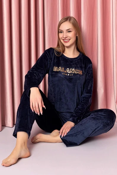 Sude Kadın Kışlık Kadife Pijama Takımı K200/804 - 1 Adet  Koyu Lacivert S ürün görseli 1