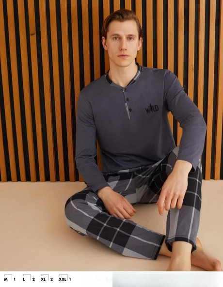 Pijamoni Erkek Süprem Slim Fit Uzun Kol İnce Pijama Takımı 6300 / 13 - 1 Adet  M Antrasit ürün görseli 1