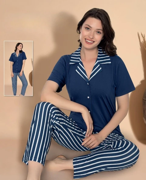 Boyraz Kadın Milan Boydan Düğmeli Kısa Kol İnce Pijama Takımı 11036 - 1 Adet  L Lacivert ürün görseli 1