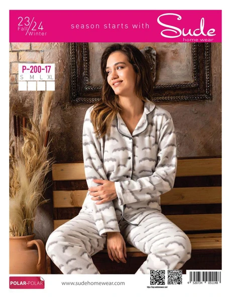 Sude Kadın Gömlek Önden Düğmeli Polar Desenli Pijama Takımı P200/17 - 1 Adet  Beyaz L ürün görseli 1