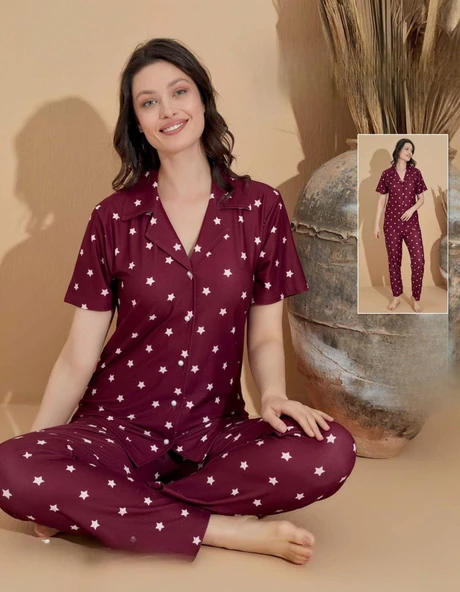 Boyraz Kadın Milan Boydan Düğmeli Kısa Kol İnce Pijama Takımı 11035 - 1 Adet  M Bordo ürün görseli 1