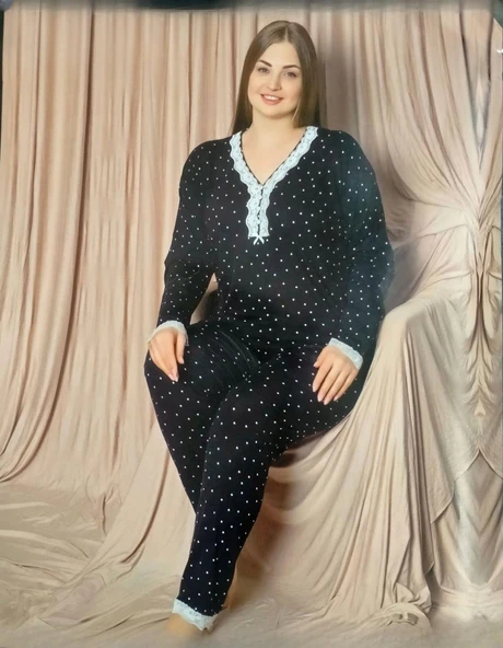 Pijamoni Kadın Viskon Büyük Beden Uzun Kol V Yakası Nakışlı İnce Pijama Takımı 7525/4 - 1 Adet  Siyah 5XL ürün görseli 1