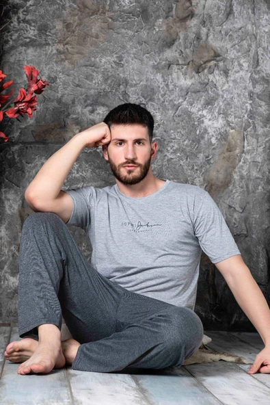 Sude Erkek Süprem Bisiklet Yaka İnce Kısa Kol Pijama Takımı K300/194 - 1 Adet  M Gri ürün görseli 1