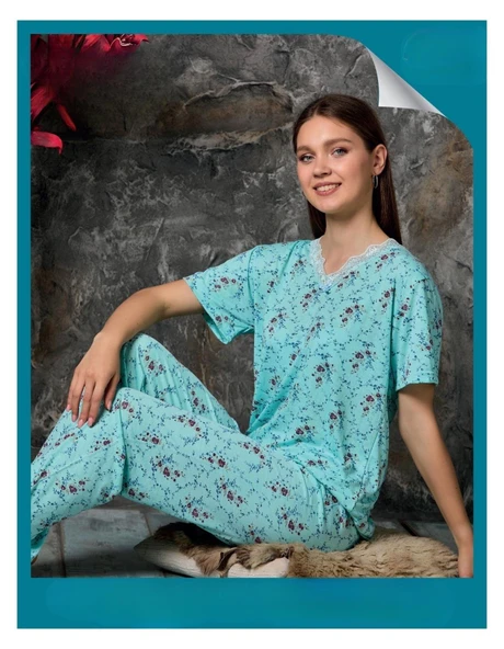 Sude Kadın Bambu Yakası Nakışlı V Yaka Kısa Kol İnce Pijama Takımı P300/312 - 1 Adet  Yeşil 2XL ürün görseli 1