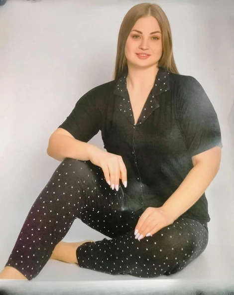 Pijamoni Kadın Viskon Büyük Beden Kısa Kol Boydan Düğmeli İnce Pijama Takımı 7550/3 - 1 Adet  Siyah 3XL ürün görseli 1