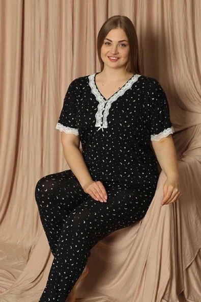 Pijamoni Kadın Viskon Büyük Beden Kısa Kol V Yaka İnce Pijama Takımı 7530/2 - 1 Adet  4XL Siyah ürün görseli 1
