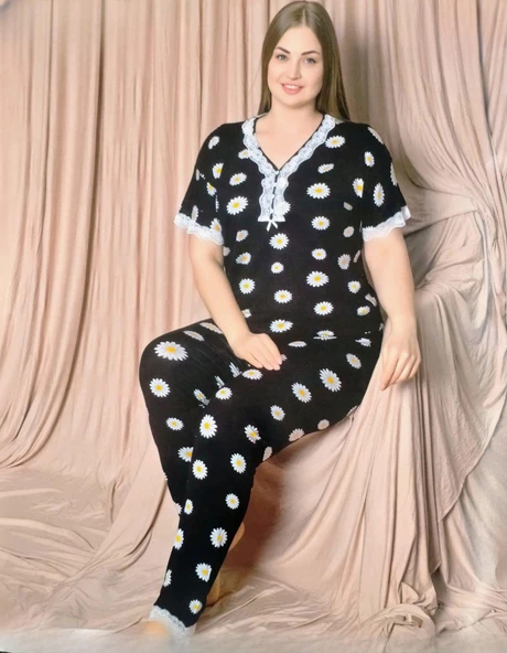 Pijamoni Kadın Viskon Büyük Beden Kısa Kol V Yaka İnce Pijama Takımı 7530/5 - 1 Adet  Siyah 5XL ürün görseli 1