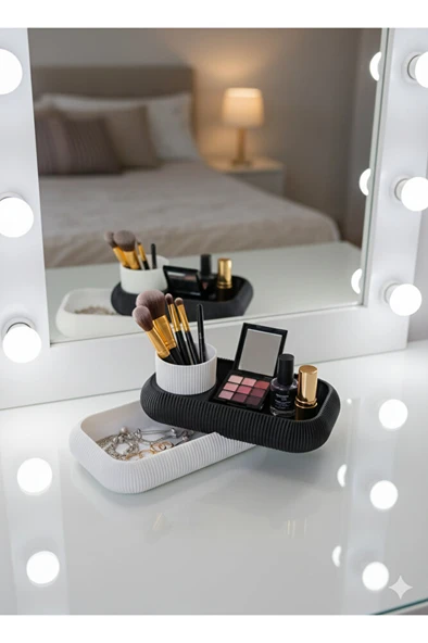 | Makyaj ve Takı Düzenleyici - Çift Katmanlı Vanity Organizer (Siyah & Beyaz) ürün görseli 1