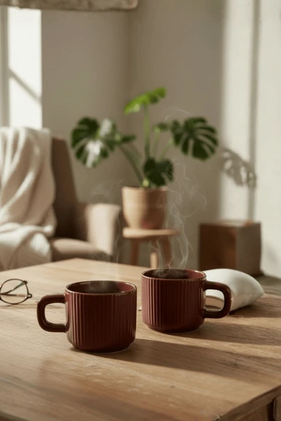 2 Adet El Yapımı 260 ml Bordo Parlak Seramik Mug Çay Kahve Kupası MIT1304 ürün görseli 1