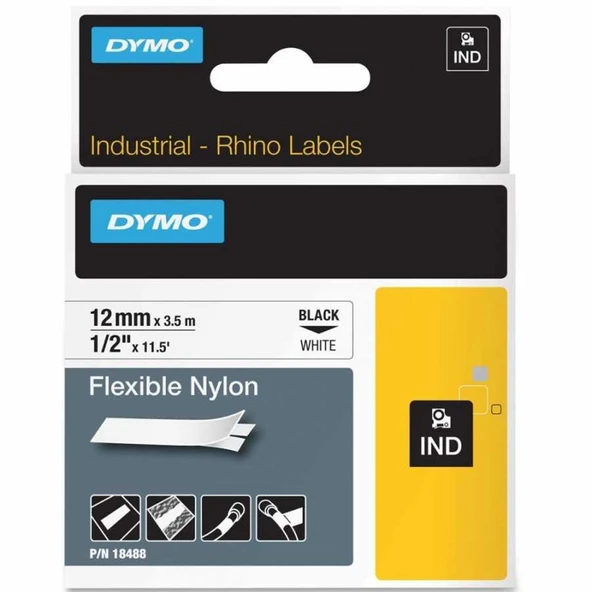 Dymo Rhinopro Esnek Naylon Şerit 12Mmx3,5M Beyaz/Siyah 18488 ürün görseli 1