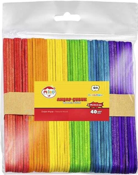 Mileo Ahşap Çubuk Dil Çubuğu Kare 114X10X2 Mm Renkli 1831 (40 Lı Paket) ürün görseli 1