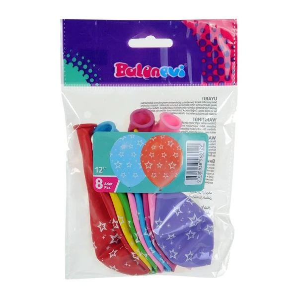 Balonevi Balon Çepeçevre Yıldız Baskılı 12 İnc Balonlar 8 Li Paket ürün görseli 1