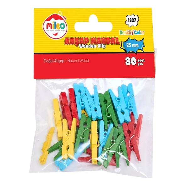 Mileo Ahşap Mandal 25 Mm Renkli 1827 (30 Lu Paket) ürün görseli 1