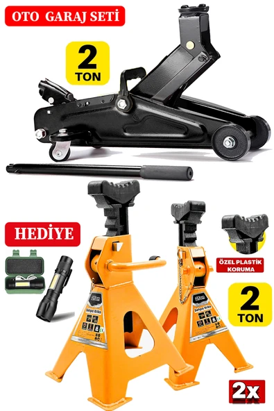 STAXX POWER 2Ton/2000Kg Kapasite Tekerlekli Arabalı Hidrolik Kriko + 2Ton x2Adet Taşıma Sehpa Tip Kriko Standı ürün görseli 1