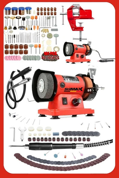 stilmax Devir Ayarlı Turbo 500W Mini Çark Taşlama Taş Motoru Çok Amaçlı Spiralli Hortum + Mengene 105Pcs Set ürün görseli 1