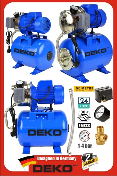 DEKO TURKEY 1.5HP Özel Paslanmaz Jet Motorlu Su Motoru + 24Lt Tanklı Hidrofor Seti 4Kat 4Daire Full Bakır Sargı ürün görseli 1