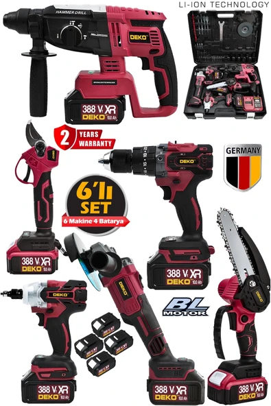 DEKO TURKEY 388VF Kömürsüz Brushless 6'lı Set 4 Akülü Somun Sökme-Taşlama-Darbeli Vidalama-Dal Budama & Makas ürün görseli 1