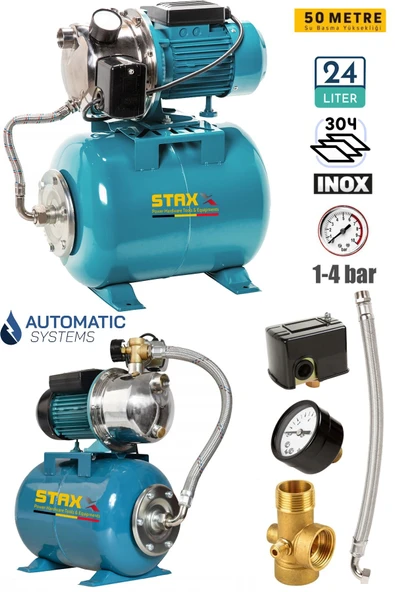 STAXX POWER Yüksek Basınçlı Ev Tipi Paket Hidrofor Tank Seti 3-4 Bar Paslanmaz Gövdeli Jet 1.5 HP 24Lt Tank Küre ürün görseli 1