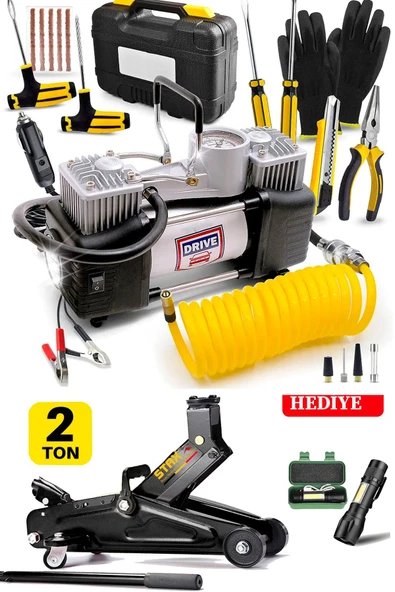 STAXX POWER Alman 2 Ton Timsah Kriko ve 150 Psı Çift Piston Çakmaklı Kompresör Lastik Tamir Kiti Hediyeli ürün görseli 1