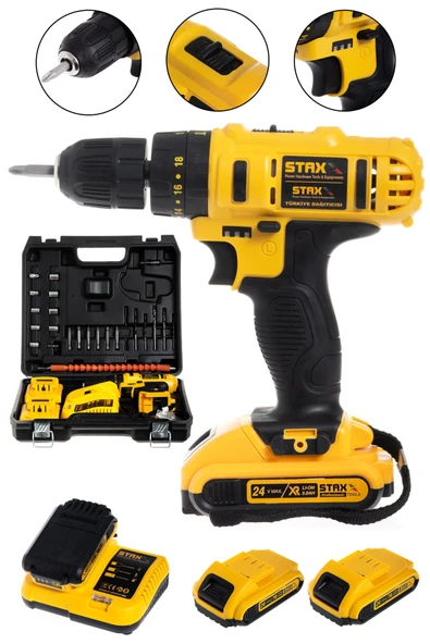 STAXX POWER 24v 5ah Şarjlı Matkap Vidalama Metal Dişli Çift Şanzımanlı Çift Akülü Şarjlı Matkap + 24 Parça Set ürün görseli 1