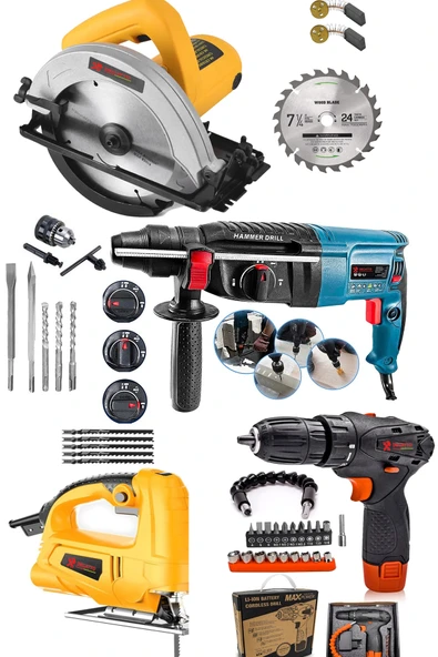 DEGATTO Alman Premium 4'Lü Usta Seti Kırıcı Delici Akülü Matkap Dairesel Testere Dekupaj Combo Set 5000W ürün görseli 1