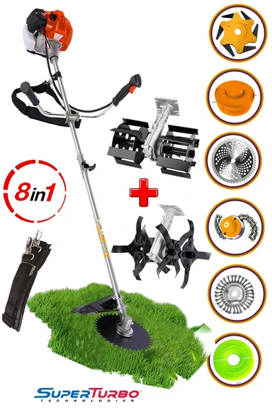 SUPERTURBO 20HPX 8IN1 8 Multi Başlıklı Benzinli Yan Tip Tırpan Ot Biçme Çapalama Makinesi + 2 Super Çapa Seti ürün görseli 1