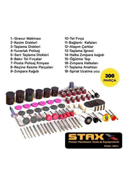STAXX POWER 300 Parça 400 Watt 60.000 Rpm 6 Kademe Devirli Hobi Gravür Taşlama Zımpara Çantalı Set ürün görseli 1