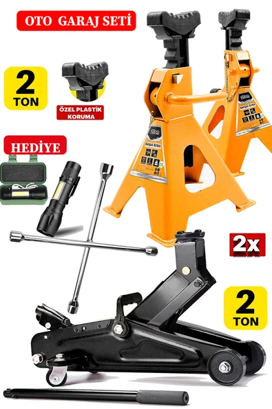 STAXX POWER 2000Kg Kapasiteli x2Ad Set Kriko Sehpası + Bijon Seti + 2ton Tekerlekli Kriko El Feneri Hediyeli ürün görseli 1
