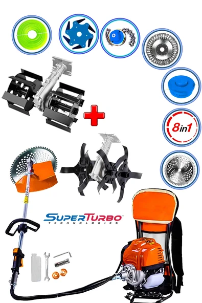 SUPERTURBO Germany 8IN1 8 Multi Başlıklı Benzinli Sırt Tırpan Ot Biçme Çapalama Makinesi + 2 Super Çapa Seti ürün görseli 1