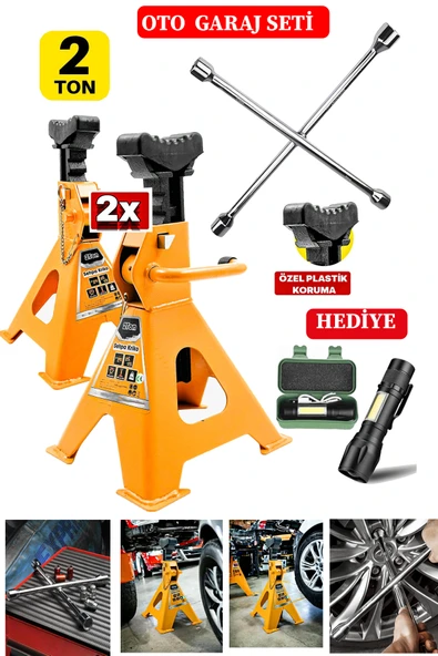 STAXX POWER 2Ton Kapasiteli 4 Ayaklı x2Adet Set Sehpa Kriko Standı + Bijon Seti El Feneri Hediye Garaj Usta Set ürün görseli 1